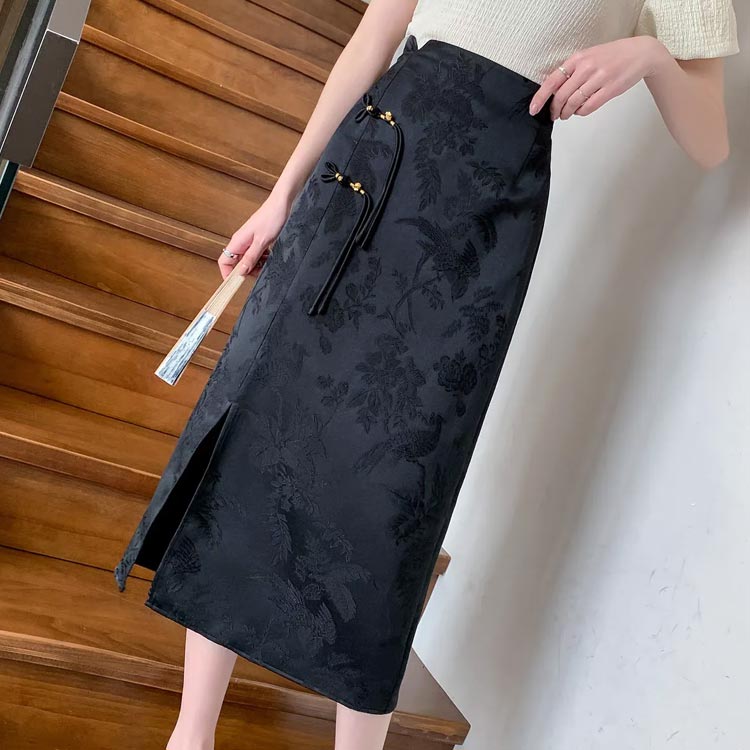 チャイナ風 スカート タイトスカート ロングスカート スリット サイドスリット ハイウェスト 春 夏 お出かけ 女子会 デイリーユース エレガント お茶会 お呼ばれ 20代 30代 40代 柄 ブラック ベージュ S M L XL