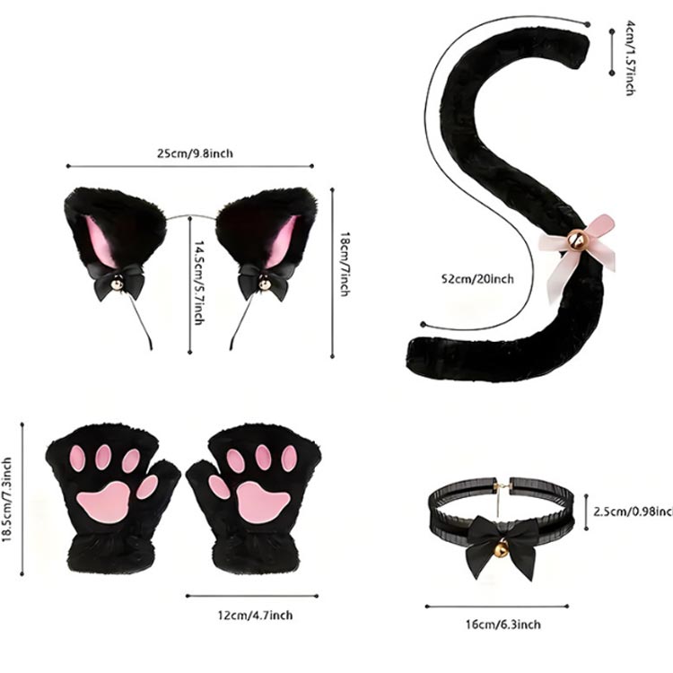 仮装 猫耳 黒 チョーカー 猫しっぽ 肉球手袋 カチューシャ グッズ 猫耳 ハロウィン コスプレ 小物 4点セット 白 可愛い 大人用 子供用 ねこ耳 にゃんこ コスチューム 文化祭 パーティー 黒 白 kaedeya-10007955 かえで屋 サンプル画像2