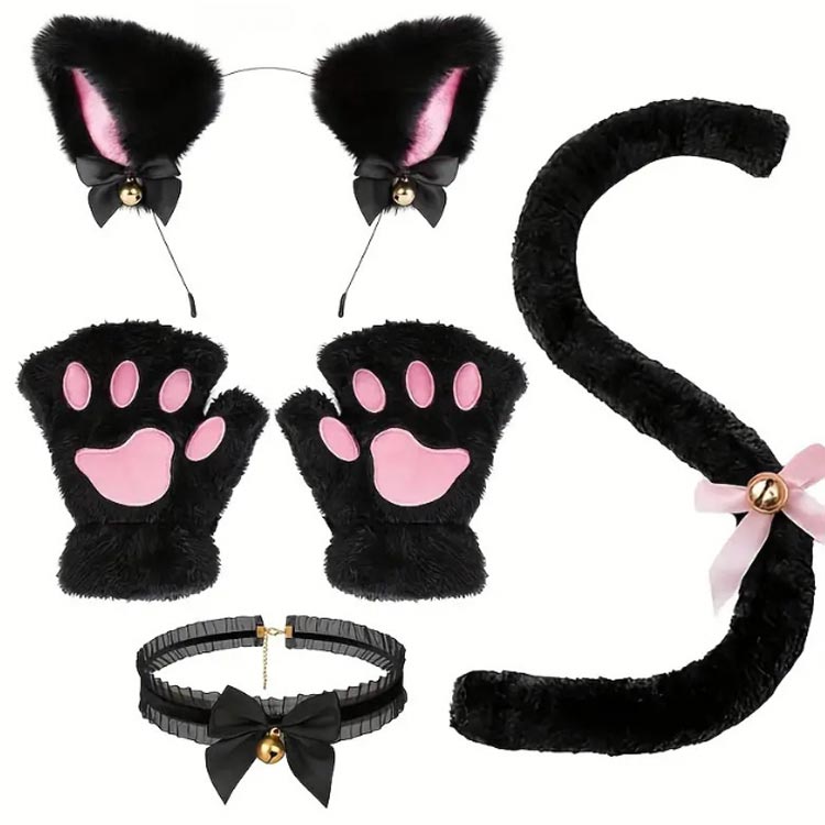仮装 猫耳 黒 チョーカー 猫しっぽ 肉球手袋 カチューシャ グッズ 猫耳 ハロウィン コスプレ 小物 4点セット 白 可愛い 大人用 子供用 ねこ耳 にゃんこ コスチューム 文化祭 パーティー 黒 白 kaedeya-10007955 かえで屋 サンプル画像3