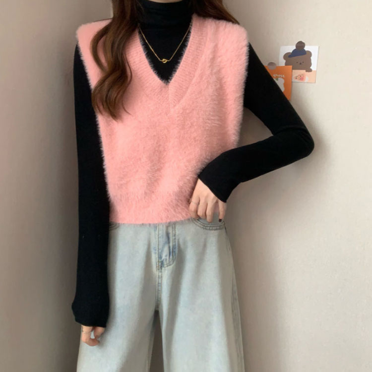 ベスト ショート丈 レディース ノースリーブ ベスト シャギーニットベスト もこもこ Vネック ニットトップス セーター 重ね着 シャギーベスト ニットベスト プルオーバー レイヤード Vネック ショートベスト ストレッチ 無地 可愛い 春 秋