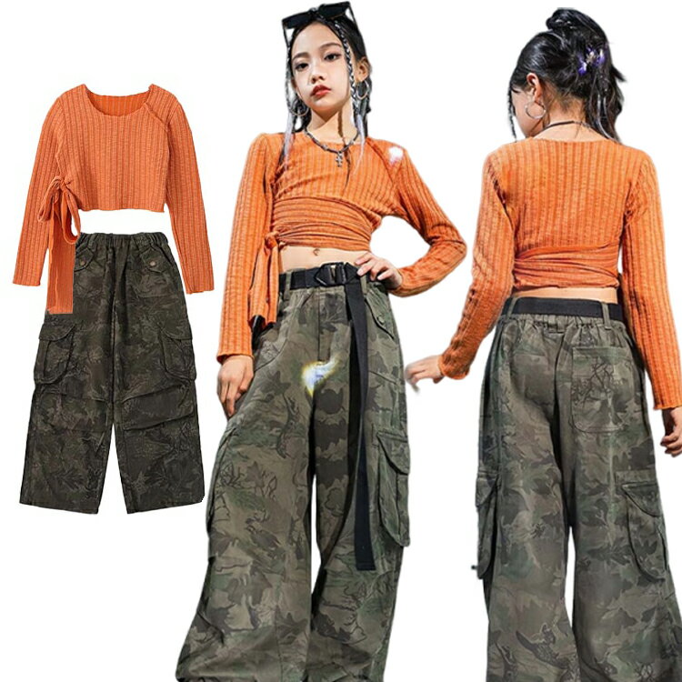 Rakuten - キッズ ダンス衣装 セットアップ オレンジ ヒップホップ 女の子 へそ出し トップス 迷彩 パンツ 長袖 子供服 韓国 ファッション ストリート系 Y2K 発表会 練習着 団体服 イベント 衣装 ズボン シャツ ベルト付き 110cm 120cm 130cm 140cm 150cm 160cm 170cm 180cm
