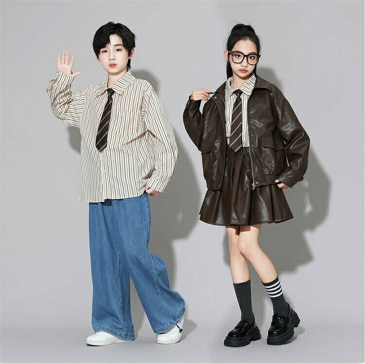 Rakuten - キッズ ダンス 衣装 セットアップ ヒップホップ シャツ ネクタイ ジャケット スカート パンツ K-POP 韓国 子供服 ストリート系 ステージ衣装 発表会 イベント 練習着 男女兼用 ジュニア 中学生 長袖 PUレザー プリーツスカート ワイドパンツ 秋冬 送料無料