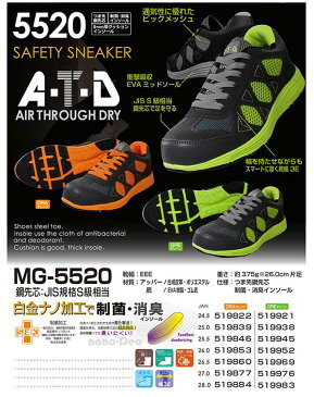 【★送料無料★】安全靴 喜多 AIR THROUGH DRY MG-5520 激安鉄先芯 合成皮革【グリーン オレンジ シューズ 3E 軽量 メンズ シューズ スニーカー 消臭 通気性 厚底】