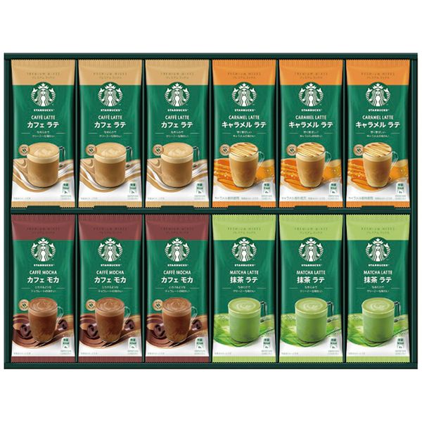 ポイントカフェラテ好きのご家庭にぴったりな贈り物。スターバックスの味わいをご自宅で簡単に楽しめるプレミアムミックスが入ったギフト。※写真はイメージです。内容・デザイン等変更になる場合があります。予めご了承ください。箱サイズ40×3.5×30.4cm現品サイズ・内容スターバックスプレミアムミックス(カフェラテ18g・キャラメルラテ23g・抹茶ラテ24g・カフェモカ22g各6袋)重さ824g製造生産地日本製賞味期間製造日より常温約360日アレルゲン乳成分備考※「のし」や「包装」については、対応できる商品と対応できない商品がございます。ご購入前に、お気軽にお問い合わせください。通常、簡易包装に直に送り状を貼ってお送りいたします。【ネスレ日本 商品一覧】 スターバックス オリガミパーソナルドリップコーヒーギフト SBX-10B スターバックス オリガミパーソナルドリップコーヒーギフト SBX-15B スターバックス オリガミパーソナルドリップコーヒーギフト SBX-20B スターバックス オリガミパーソナルドリップコーヒーギフト SBX-30B スターバックス オリガミパーソナルドリップコーヒーギフト SBX-40B スターバックス オリガミパーソナルドリップコーヒーギフト SBX-50B スターバックス カフェモーメントインスタントコーヒーギフト SBM-35B スターバックス カフェモーメントギフト SBM-20B スターバックス コーヒーアソートギフト SBE-10B スターバックス プレミアムミックスギフト SBP-10B スターバックス プレミアムミックスギフト SBP-20B スターバックス プレミアムミックスギフト SBP-30B スターバックス プレミアムミックスギフト SBP-50B ネスカフェ プレジデントレギュラーソリュブルコーヒーギフトセット N50-PS ネスカフェ プレミアムレギュラーソリュブルコーヒーギフトセット N35-A ネスカフェ プレミアムレギュラーソリュブルコーヒーギフトセット N45-A ネスカフェ プレミアムレギュラーソリュブルコーヒーギフトセット N55-Aネスレ日本 スターバックス プレミアムミックスギフト SBP-50B ギフト 贈り物 送料無料【注意事項】メーカー直送の商品となりますので、「代金引換」払いは不可となります。ご了承ください。お届け先が、北海道、沖縄、離島になる場合、別途送料が必要になる場合がございます。