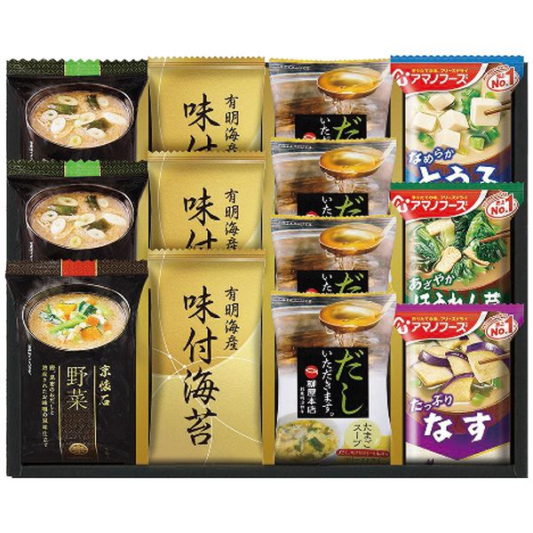ポイントお湯を注ぐだけで簡単＆美味しいフリーズドライお味噌汁に卵スープ、味のり等をバラエティ豊かに詰合せました。※写真はイメージです。内容・デザイン等変更になる場合があります。予めご了承ください。箱サイズ30×4.5×24.5cm現品サイズ・内容たまごスープ5.4g×4袋・マルコメ京懐石おみそ汁(長ねぎ15.7g×2袋・野菜17.4g×1袋)・アマノおみそ汁(とうふ10g・ほうれん草7g・なす9.5g各1袋)・有明海産味付海苔(8切4枚)3袋重さ370g製造生産地日本製賞味期間製造日より常温約360日アレルゲン卵・小麦備考※「のし」や「包装」については、対応できる商品と対応できない商品がございます。ご購入前に、お気軽にお問い合わせください。通常、簡易包装に直に送り状を貼ってお送りいたします。【創愛 商品一覧】 彩 味ノ蔵 バラエティセット C-BJ 彩 味ノ蔵 バラエティセット C-CJ 彩 味ノ蔵 バラエティセット C-EJ 彩 味ノ蔵 TG-BN 彩 味ノ蔵 TG-CN 彩 味ノ蔵 TG-EN 彩 味ノ蔵 フリーズドライバラエティセット NF-BE 彩 味ノ蔵 フリーズドライバラエティセット NF-BJ 彩 味ノ蔵 フリーズドライバラエティセット NF-CJ創愛 彩 味ノ蔵 フリーズドライバラエティセット NF-BJ ギフト 贈り物 送料無料【注意事項】メーカー直送の商品となりますので、「代金引換」払いは不可となります。ご了承ください。お届け先が、北海道、沖縄、離島になる場合、別途送料が必要になる場合がございます。