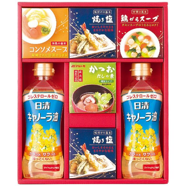 ポイントキャノーラ油、かつおだしの素、焼き塩など、いつもの料理の味わいを豊かにする調味料を詰合せた和食、洋食、中華と幅広く使って頂けるバラエティ調味料ギフトです。※写真はイメージです。内容・デザイン等変更になる場合があります。予めご了承ください。箱サイズ26.3×6×31.5cm現品サイズ・内容日清キャノーラ油350g×2本・マルトモかつおだしの素(4g×6袋)・鶏がらスープ(20g×2袋)・コンソメスープ(20g×2袋)各1箱・焼き塩(20g×2袋)2箱重さ1300g製造生産地日本製賞味期間製造日より常温約540日アレルゲン乳成分・小麦備考※「のし」や「包装」については、対応できる商品と対応できない商品がございます。ご購入前に、お気軽にお問い合わせください。通常、簡易包装に直に送り状を貼ってお送りいたします。【apide 商品一覧】バラエティ調味料ギフト AKI-BE バラエティ調味料ギフト AKI-BO バラエティ調味料ギフト AKI-CO バラエティ調味料ギフト AP-AE バラエティ調味料ギフト AP-BE バラエティ調味料ギフト AP-BO バラエティ調味料ギフト AP-CO バラエティ調味料ギフト AP-DO バラエティ調味料ギフト AP-EOapide バラエティ調味料ギフト AP-BE ギフト 贈り物 送料無料【注意事項】メーカー直送の商品となりますので、「代金引換」払いは不可となります。ご了承ください。お届け先が、北海道、沖縄、離島になる場合、別途送料が必要になる場合がございます。
