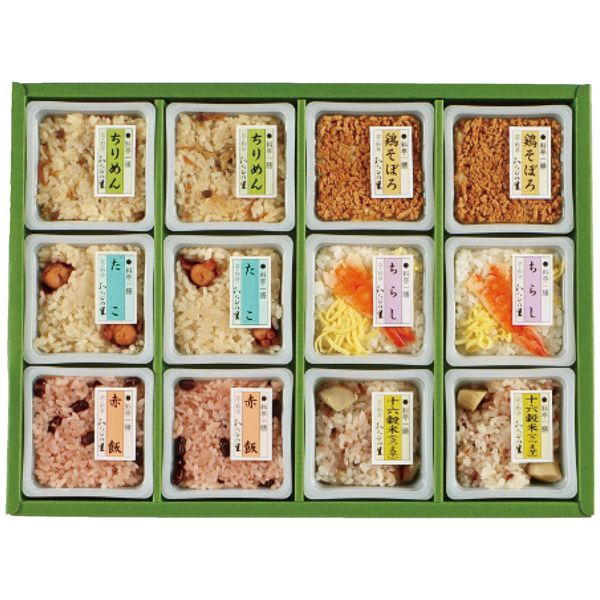 ポイント料亭の炊き込みご飯を電子レンジ約1分で好きなときに簡単に召し上がることができます。現在のお客様のニーズに合わせて少量多種でご用意。賞味期限が常温で75日と保存が可能ですので忙しい方や一人暮らしの方にもお勧めの商品です。※写真はイメージです。内容・デザイン等変更になる場合があります。予めご了承ください。箱サイズ35×5.5×25.7cm現品サイズ・内容ちりめんごはん・たこめし・鶏そぼろごはん・ちらし寿司・赤飯・十六穀米(さつま芋)各2個・各90g・ごましお2袋付重さ1400g製造生産地日本製賞味期間製造日より常温約75日アレルゲン卵・小麦・えび備考 ※「のし」や「包装」については、対応できる商品と対応できない商品がございます。ご購入前に、お気軽にお問い合わせください。通常、簡易包装に直に送り状を貼ってお送りいたします。【 商品一覧】 京・料亭　 京のお正月 京-30F 京・料亭　 京のお正月 京-50F 京-50F 京・料亭　 京楽味 佃煮詰合せ わS-50 京・料亭　 京楽味 佃煮詰合せ わW-25 京・料亭　 料亭一膳 炊き込みご飯詰合せ OT-30E わらびの里 京楽味 佃煮詰合せ わS-30D わらびの里 料亭一膳 炊き込みご飯詰合せ GS-50Eわらびの里 京・料亭　わらびの里 料亭一膳 炊き込みご飯詰合せ OT-30E ギフト お歳暮 送料無料 【産直】【注意事項】メーカー直送の商品となりますので、「代金引換」払いは不可となります。ご了承ください。お届け先が、北海道、沖縄、離島になる場合、別途送料が必要になる場合がございます。