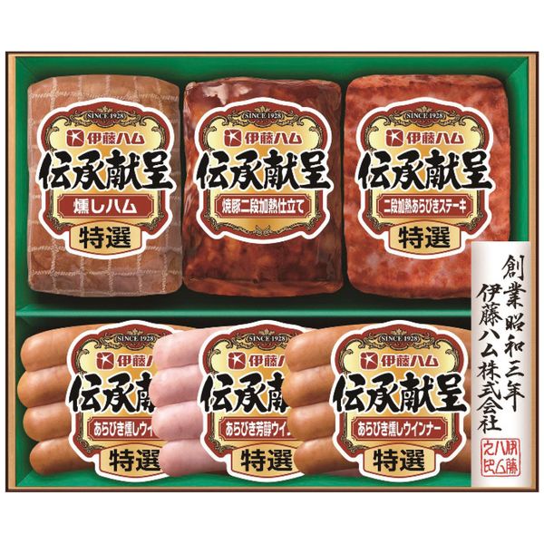ポイント守り伝えられた伝統の技を用い、丹念に造り上げました。バラエティに富んだおいしさを詰め合わせたギフトセットです。※写真はイメージです。内容・デザイン等変更になる場合があります。予めご了承ください。箱サイズ26.8×5.4×22.7cm現品サイズ・内容特選(燻しハム180g・二段加熱あらびきステーキ110g各1本・あらびき燻しウインナー80g×2個・あらびき芳醇ウインナー80g×1個)・焼豚二段加熱仕立て160g×1本重さ860g製造生産地日本製賞味期間冷蔵55日・賞味目安約27日アレルゲン卵・乳成分・小麦備考※11月下旬よりお届けになります。 ※「のし」や「包装」については、対応できる商品と対応できない商品がございます。ご購入前に、お気軽にお問い合わせください。通常、簡易包装に直に送り状を貼ってお送りいたします。【伊藤ハム 商品一覧】伝承ギフト DKC-35 伝承ギフト DKS-35 伝承ギフト DKS-55 伝承献呈うす塩仕上げギフト GMU-36 伝承献呈うす塩仕上げギフト GMU-43 伝承献呈うす塩仕上げギフト GMU-77 伝承献呈ギフトセット GM-40 伝承献呈ギフトセット GM-400 伝承献呈ギフトセット GM-560 伝承献呈ギフトセット GM-57 伝承献呈ギフトセット GMF-42 伝承献呈ギフトセット IGM-30 伝承献呈ギフトセット IGM-300 伝承献呈ギフトセット IGM-508 伝承献呈ギフトセット TAV-39A 田崎真也セレクション クリームチーズ入りハンバーグギフト(キリクリームチーズ使用) CH-31 田崎真也セレクションギフト YO-480 田崎真也セレクションギフト YOP-48伊藤ハム 伝承献呈ギフトセット GM-40 ギフト お歳暮 送料無料 【産直】【注意事項】メーカー直送の商品となりますので、「代金引換」払いは不可となります。ご了承ください。お届け先が、北海道、沖縄、離島になる場合、別途送料が必要になる場合がございます。