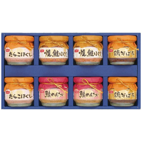 ポイントご飯によく合う瓶詰のギフトセットです。※写真はイメージです。内容・デザイン等変更になる場合があります。予めご了承ください。箱サイズ32.1×7.4×17.1cm現品サイズ・内容焼鮭ほぐし・たらこほぐし・鮭めんたい・鶏そぼろ各2瓶・各50g重さ1900g製造生産地日本製賞味期間製造日より常温約720日アレルゲン小麦備考 ※「のし」や「包装」については、対応できる商品と対応できない商品がございます。ご購入前に、お気軽にお問い合わせください。通常、簡易包装に直に送り状を貼ってお送りいたします。【　ニッスイ　 商品一覧】ニッスイ 瓶詰ギフト BA-30F ニッスイ 瓶詰ギフト BA-50Fニッスイ 瓶詰ギフト BA-50F ギフト お歳暮 送料無料【注意事項】メーカー直送の商品となりますので、「代金引換」払いは不可となります。ご了承ください。お届け先が、北海道、沖縄、離島になる場合、別途送料が必要になる場合がございます。