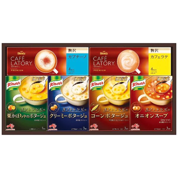 ポイント朝食や間食などさまざまなシーンで、お子様から大人まで幅広く楽しんでいただける〈ギフトレシピ〉の「クノール カップスープ」と「ブレンディカフェラトリー」スティック プレミアムのギフトです。※写真はイメージです。内容・デザイン等変更になる場合があります。予めご了承ください。箱サイズ40×4.6×20.7cm現品サイズ・内容クノールカップスープギフトレシピ3袋入(コーンポタージュ・クリーミーポタージュ・オニオンスープ・栗かぼちゃのポタージュ各1箱)・ブレンディカフェラトリースティックプレミアム4本入(贅沢カフェラテ・贅沢カプチーノ各1箱)重さ600g製造生産地日本製賞味期間製造日より常温約390日アレルゲン乳成分・小麦備考 ※「のし」や「包装」については、対応できる商品と対応できない商品がございます。ご購入前に、お気軽にお問い合わせください。通常、簡易包装に直に送り状を貼ってお送りいたします。【 商品一覧】味の素 ギフトレシピ クノールスープ＆コーヒーギフト KGC-20Y 味の素 ギフトレシピ クノールスープ＆コーヒーギフト KGC-30Y味の素 ギフトレシピ クノールスープ＆コーヒーギフト KGC-20Y ギフト お歳暮 送料無料【注意事項】メーカー直送の商品となりますので、「代金引換」払いは不可となります。ご了承ください。お届け先が、北海道、沖縄、離島になる場合、別途送料が必要になる場合がございます。