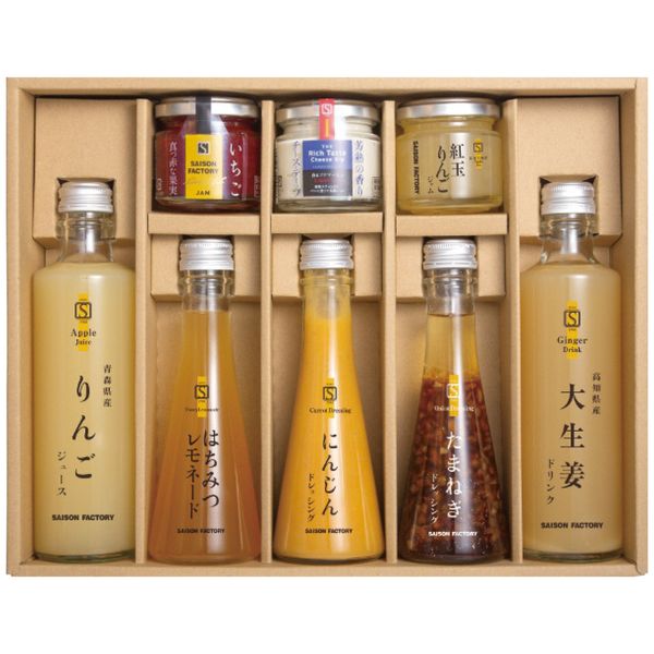 ポイント休日の朝が楽しくなるオリジナルギフト。ジャムやドリンクを始めとする朝食が華やかになる商品の詰合せです。※写真はイメージです。内容・デザイン等変更になる場合があります。予めご了承ください。箱サイズ34×7.4×25cm現品サイズ・内容生姜の力ドリンク265ml・リッチスタイルドレッシング(にんじん・たまねぎ各130ml)・リッチスタイルジャムいちご70g・はちみつレモネード130ml・チーズディップ50g・りんごジュース270g・りんごジャム70g各1瓶重さ3000g製造生産地日本製賞味期間製造日より常温約180日アレルゲン卵・乳成分・小麦備考 ※「のし」や「包装」については、対応できる商品と対応できない商品がございます。ご購入前に、お気軽にお問い合わせください。通常、簡易包装に直に送り状を貼ってお送りいたします。【セゾンファクトリー 商品一覧】 ドレッシング5本詰合せ DR-30N バラエティーギフト SS-30NW リッチな朝食セット KRB-50NW 謹製ジャム4個詰合せ SJK-30NI 冬のあったか鍋セット PND-30NWセゾンファクトリー リッチな朝食セット KRB-50NW ギフト お歳暮 送料無料【注意事項】メーカー直送の商品となりますので、「代金引換」払いは不可となります。ご了承ください。お届け先が、北海道、沖縄、離島になる場合、別途送料が必要になる場合がございます。