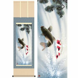 夫婦滝昇鯉／めおとたきしょうり 尺三 幅44.5×高さ約164cm 森山観月／もりやまかんげつ 行事飾り 端午の節句 鯉 掛け軸 掛軸 [