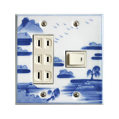 スイッチプレート 山水 スイッチカバー コンセントプレート コンセントカバー おしゃれ 有田 和風 日本風 北欧 (磁器 有田焼 伊万里焼)(2連4口)(フルカ...