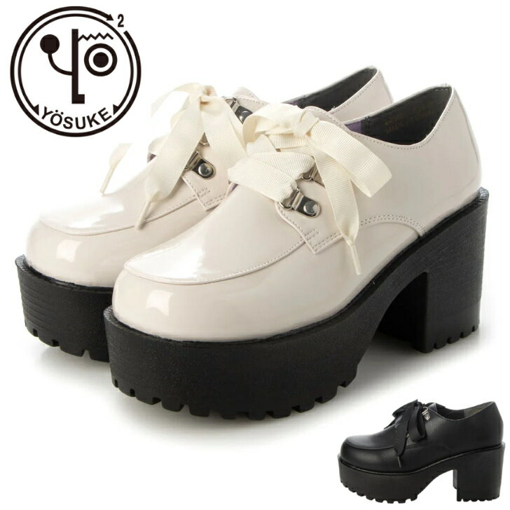 ヨースケ yosuke レースアップシューズ パンプス 厚底 レディース 4450002 アイボリー ブラック ゆったり幅 3E リボンレース 8cm ヒール ゴシック ロリータ ロック ストリート 送料無料