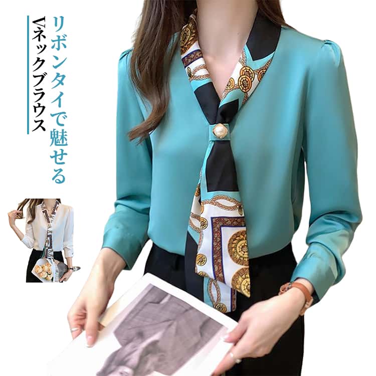 樂天商城 - レディース プルオーバー Vネック フェミニン 春秋 Vネック 上品 トップス 韓国風 ボウタイブラウス 通気性 大人可愛い きれいめ カジュアル リボンブラウス 通勤 オフィス 長袖 レトロ 着痩せ ホワイト