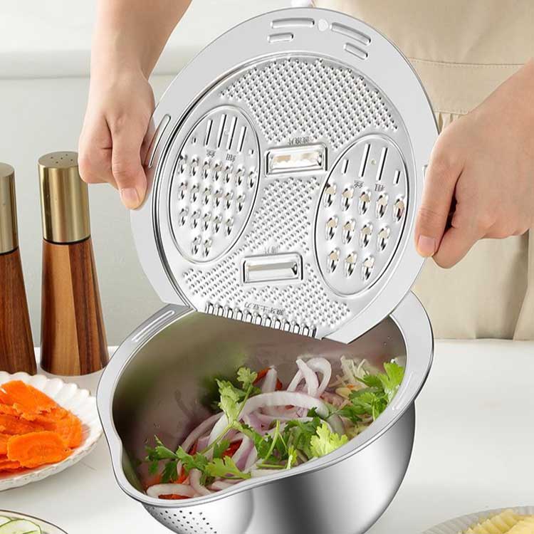 ざる かご 水切りざる 野菜カッター 2点セット 調理用ボウル 水切り ステンレス ボウル キッチン用品 千切り ザル 多機能 大容量 スライサー 果物洗い スライス 調理用品 家庭用 調理器セット 果物 野菜 収納便利 初心者 壁かけ可 送料無料 kagechan-10003066 かげちゃんショップ サンプル画像2