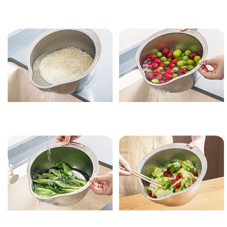ざる かご 水切りざる 野菜カッター 2点セット 調理用ボウル 水切り ステンレス ボウル キッチン用品 千切り ザル 多機能 大容量 スライサー 果物洗い スライス 調理用品 家庭用 調理器セット 果物 野菜 収納便利 初心者 壁かけ可 送料無料 kagechan-10003066 かげちゃんショップ サンプル画像3