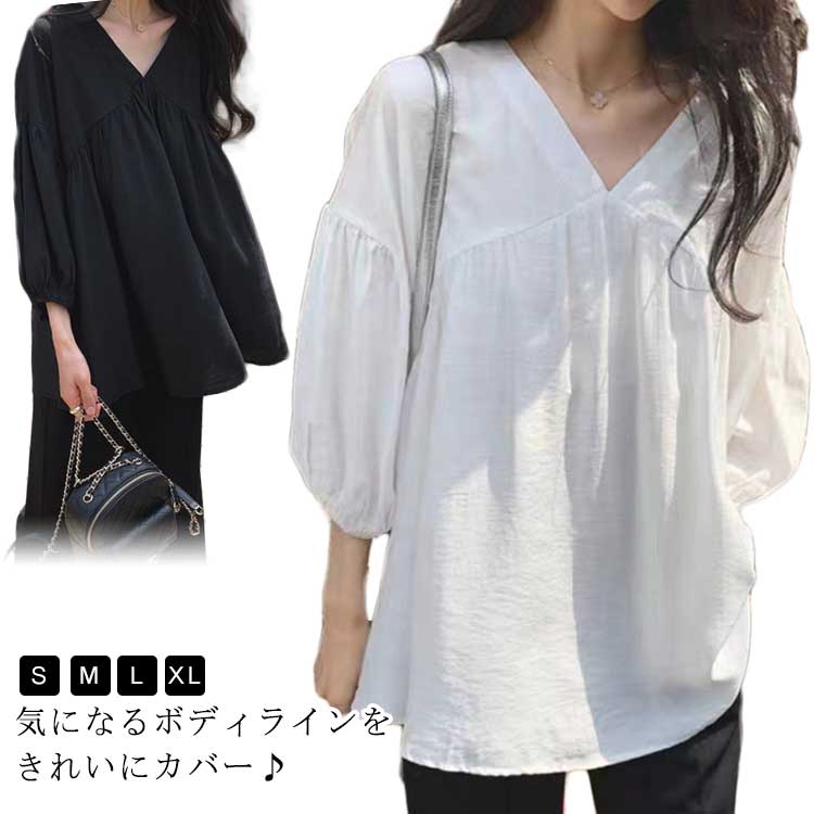 樂天商城 - ブラウス 体型カバー Aライン ブラウス Aライン シャツ プルオーバー Vネック ギャザーブラウス フレア お腹周りカバー 春夏 レディース 送料無料 韓国ファッション