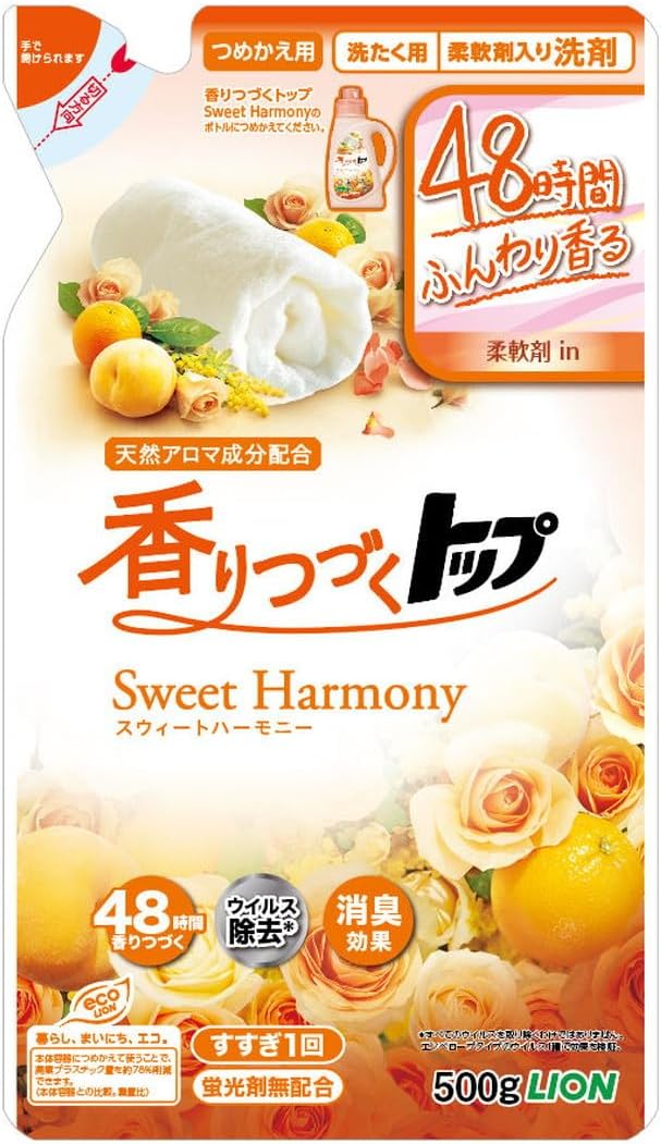 【12袋セット】LION 香りつづくトップ 柔軟剤入り洗剤 スウィートハーモニー Sweet Harmony つめかえ用500g 2