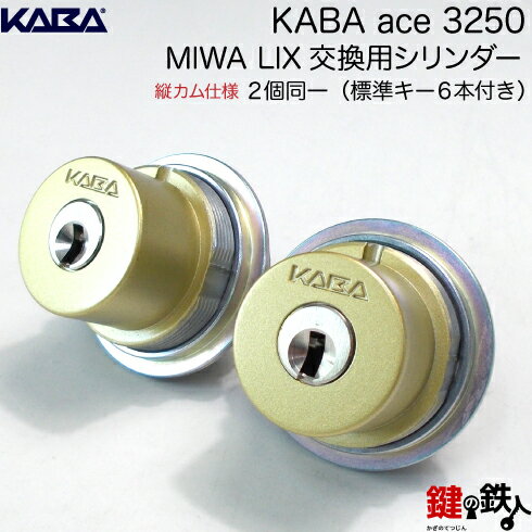 MIWA PE-SP、GAE3 交換用KABA ACE(カバエース)3250シリンダーLIX(TE0)タイプ■縦向きカム仕様■標準キー6本付き■色＝シルバー・ゴールド・アンバー（ブラウン）■2個同一キーセット