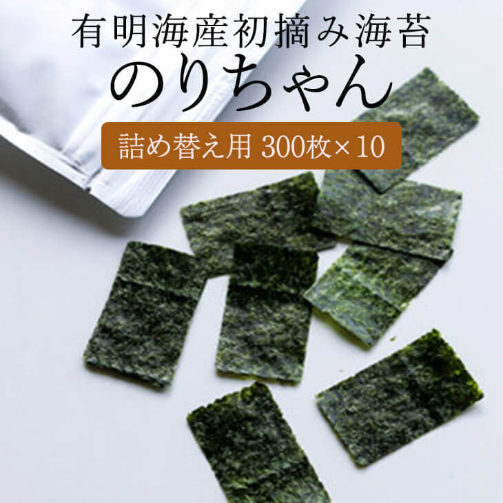 有明海産初摘み海苔 のりちゃん 300枚 × 10個 アルミパッケージ 焼 のり 焼き 海苔 無添加 オーガニック おつまみ おやつ 国産 九州産 ギフト プレゼント お土産 手土産 産地直送 送料無料 桝屋 かごしまや