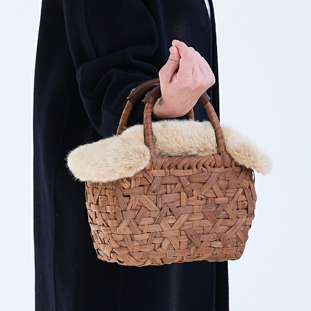 【福袋】やまぶどう籠(節入りひご/みだれ編み/まんまるやさしい/小サイズ/ファーのふた/リネン巾着袋/ハンドルカバー)(約)幅26×マチ13×本体高さ16cm(約)530g