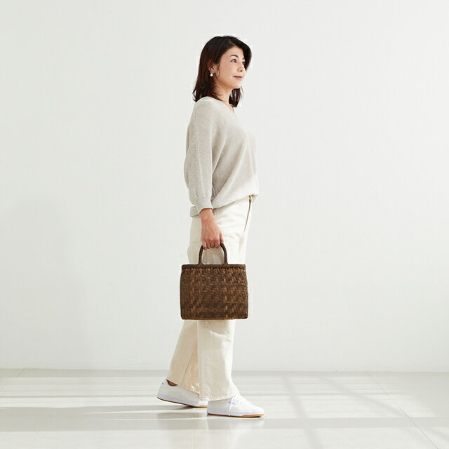 くるみ籠(網代編み/定番型/小サイズ/柿渋染内布・ポケット)(約)幅27×マチ9.5×本体...