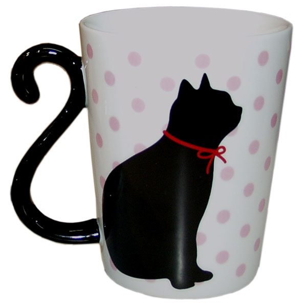 黒猫しっぽマグ/マグカップ/テーブルウエア/電子レンジ/家庭用食洗機/ドット/ドット柄/ハート/ハート形/ねこ/ねこ雑貨/ねこ好きさん