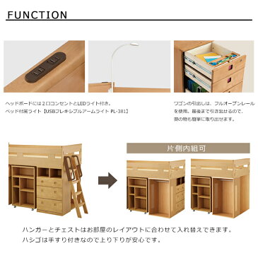 デスクマット付き ミドルベット コイズミ 学習デスク 学習机 勉強机 子供部屋 子供用 コットコンポ コットコンポスペシャル ベッドデスク ロフトベッド 組替えデスク HCM-649NS LEDライト付き