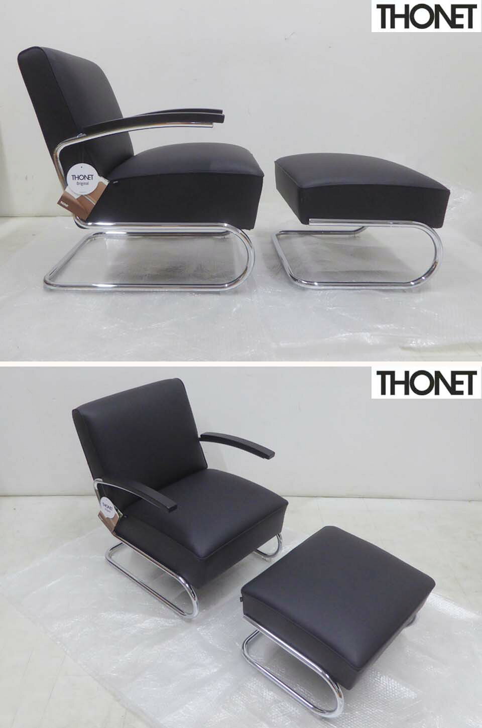 未使用品 正規品■THONET トーネット■定価116万円 S411 黒本革レザー カンチレバーチェア ラウンジソファ スツール オットマンセット