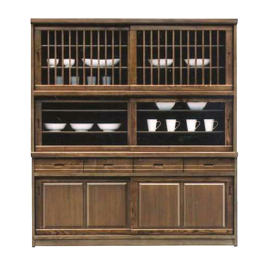 乐天商城 - 5%offクーポン配布中 食器棚 引き戸 和風 完成品 幅170cm おしゃれ 奥行45cm キッチン 日本製 国産 引き出し 北欧 木製 大容量 収納 キッチンボード 木目 キッチン収納 リビング収納 和風食器棚 高級感 引出し収納 食器 キャビネット タモ材 ブラウン 格子デザイン