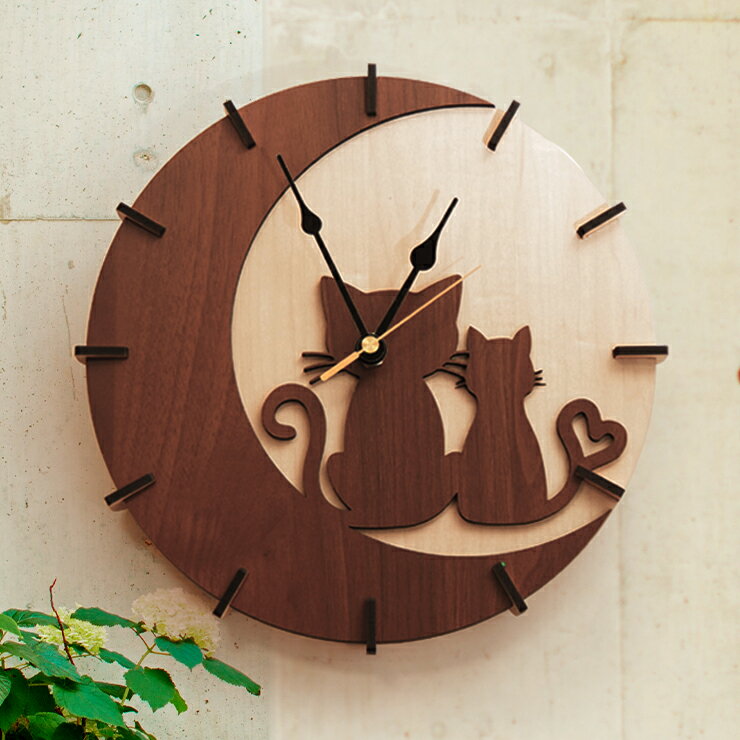 ★10％OFF★壁掛け時計 木製 月と猫 