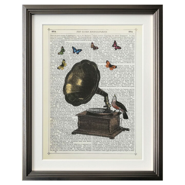  アートパネル Marion McConaghie マリオン・マコネギー Gramophone, Bird & Butterflies モダン 玄関 アートフレーム アートポスター おしゃれ 絵画 額入り フレーム付き 芸術 インテリア 壁掛け リビング インダストリアル ヴィンテージ 送料無料 ssx