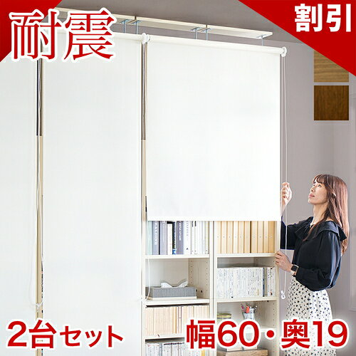 店内全品50%OFFクーポン配布中 06/04(木)20:00〜 【本物】【幅60×2台セット】耐震本棚 ロールスクリーン付き 幅120 奥行19 突っ張り 本棚 突っ張り耐震 幅60 ホワイト ブラウン 薄型 120 壁面収納 壁面 つっぱり オープン 転倒防止 地震対策 白 サンゴスター 本棚 大容量