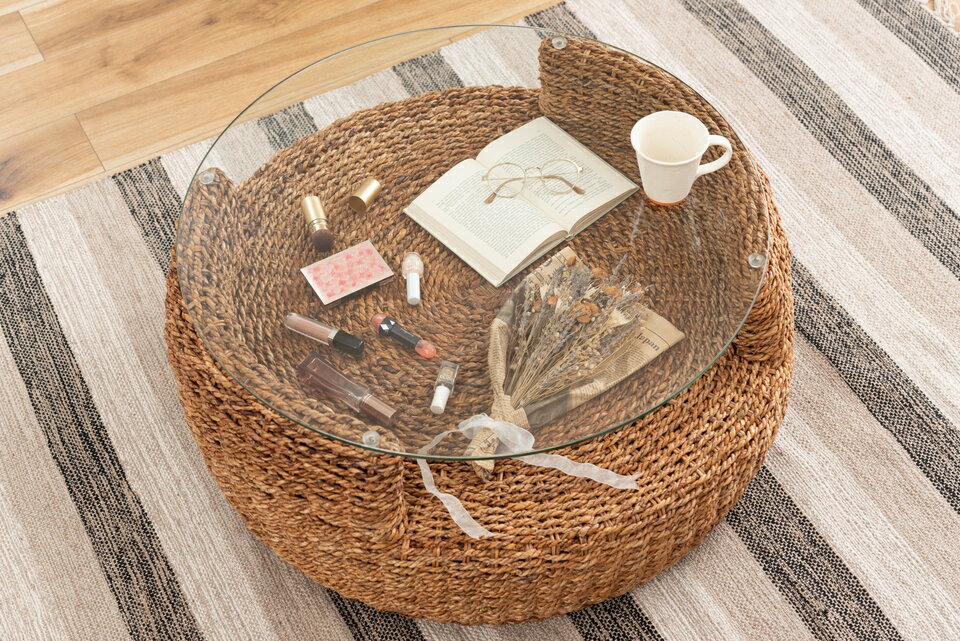 【6ヶ月保証付】 アバカ ラウンドテーブル ローテーブル センターテーブル ガラステーブル 丸型 丸い 円形 収納棚 おしゃれ 天然素材 リゾート ラウンジ アジアン ナチュラル