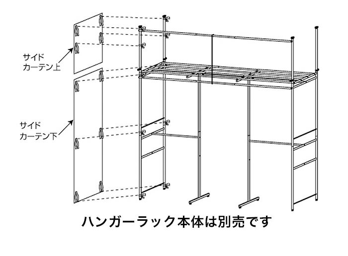 サイドカーテン ハイタイプ専用 シンプル 便利 隠す ホコリ対策 つっぱりクローゼットハンガーラック専用サイドカーテン 目隠し カーテン 便利 部屋 仕切り ハイタイプ用 送料無料 天井突っ張り式 伸縮式 突っ張りハンガーラック つっぱりラック