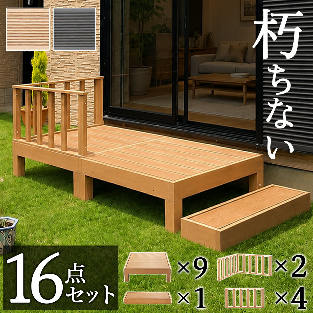 Rakuten - 【6ヶ月保証付】ウッドデッキ 人工木ウッドデッキ 18点セット 4.5帖 2.25坪 ブラウン 人工木材 ウッドデッキ 腐りにくい 頑丈 丈夫 縁台 樹脂 デッキ ウッドデッキタイル ロータイプ 低い ウッドパネル 送料無料