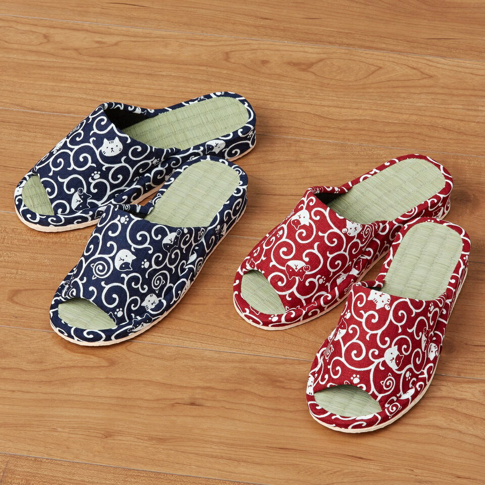 乐天商城 - い草ヒールアップスリッパ からくさネコ 2色組