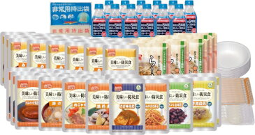 UAA食品美味しい防災食R ファミリーセット さば味噌煮150g 筑前煮90g 肉じゃが130g 豚汁180g ハンバーグ煮込100g各3 きんぴらごぼう75g ソフト金時豆80g 牛丼の具120g各2 らーめん70g×9 白粥230g×18 保存水500mL×12 紙皿 割り箸 プーン 持出袋1袋 備蓄 保存食 非常食 rvpr
