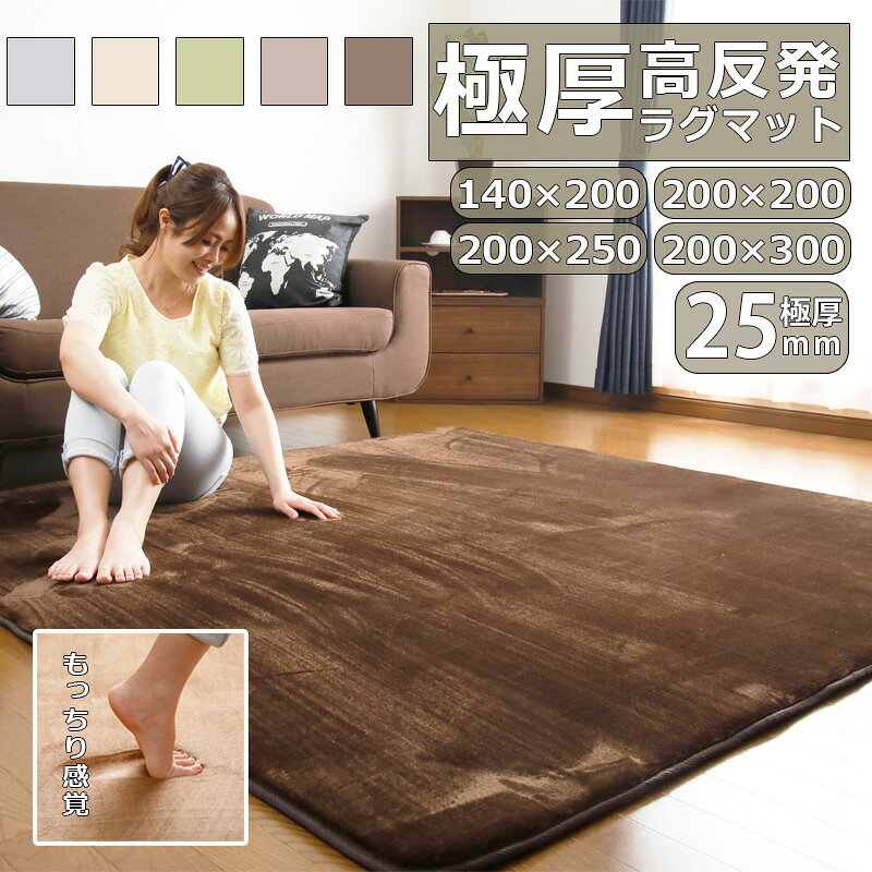 Rakuten - 極厚高反発ラグマット ラグ 高反発 極厚25mm 200×300cm 200×250cm 200×200cm 140×200cm ラグ 厚手 滑り止め ラグマット カーペット 2畳 3畳 ホットカーペット対応 リビング 高反発ラグ 春 夏 北欧 おしゃれ 防音 防菌 防ダニ 床暖房対応 オールシーズン マット