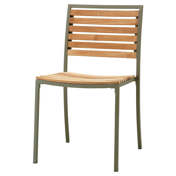 業務用　チェア　デニング　ダイニングチェア　シングルチェア　主材： スチール〼・粉体塗装　背・座部： 天然木（チーク材）・生地仕上げ　機能： スタッキング可能（6脚まで）　既製品　屋内外対応品