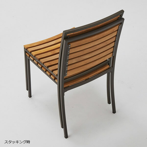 業務用　チェア　デニング　ダイニングチェア　シングルチェア　主材： スチール〼・粉体塗装　背・座部： 天然木（チーク材）・生地仕上げ　機能： スタッキング可能（6脚まで）　既製品　屋内外対応品