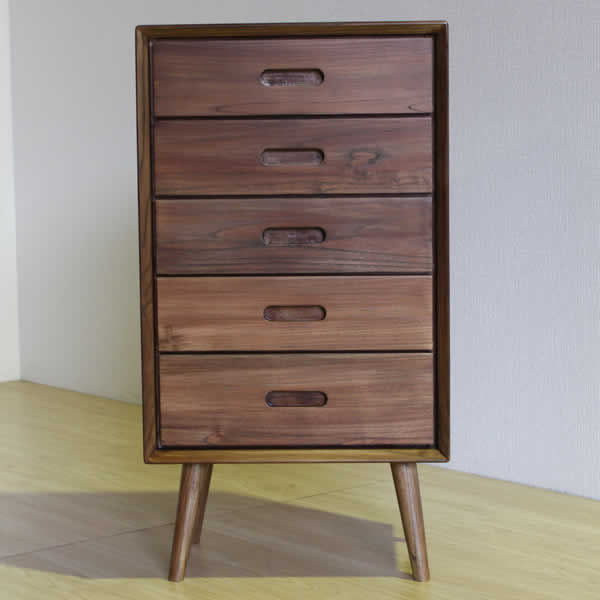 月光シリーズ　5段チェスト　整理たんす　ミニチェスト　昭和レトロ風　スンカイ無垢材　オール天然木　ナチュラル　ウォールナット