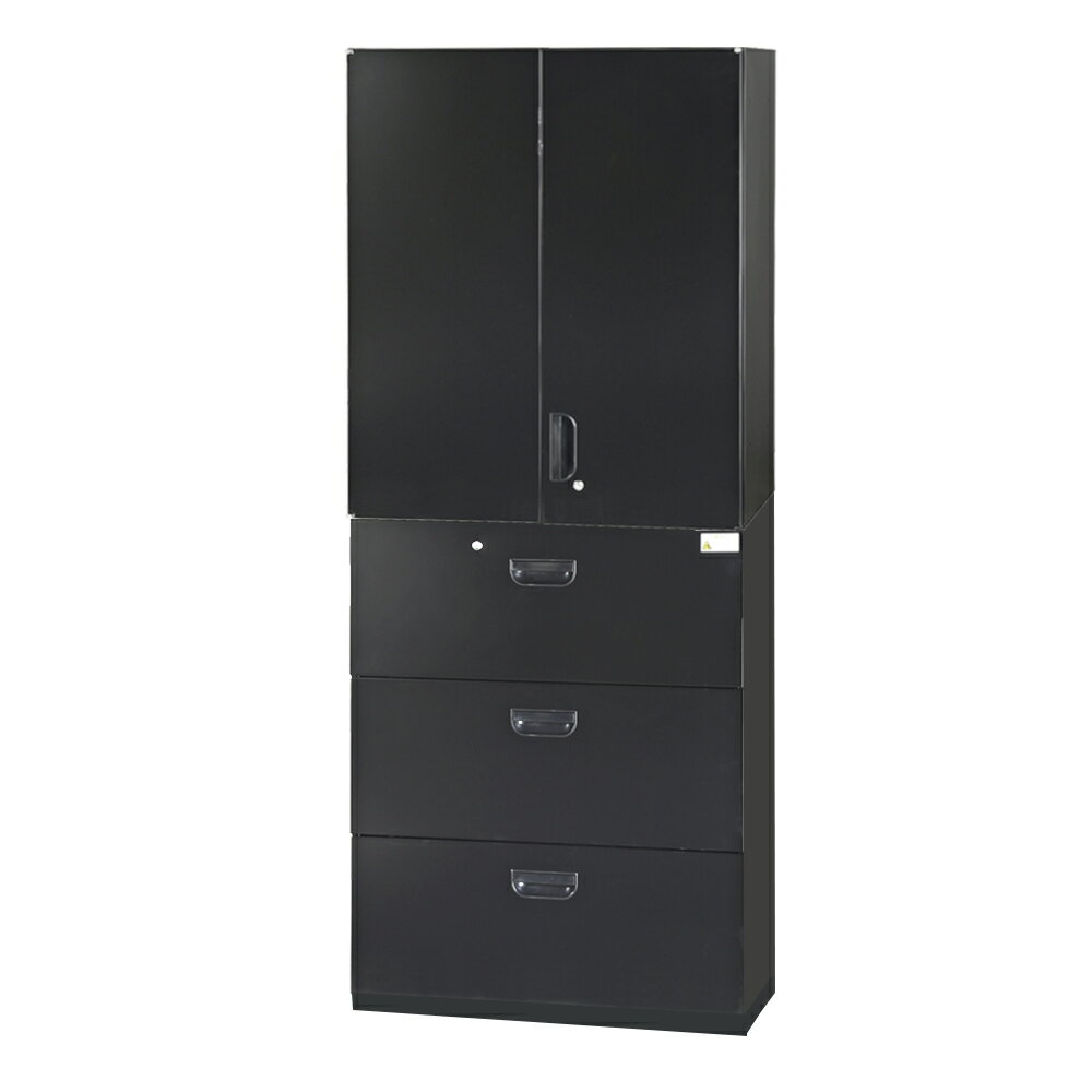 ≪セット商品≫ HCB-SRSU+SL3D-B-SET スチール書庫 キャビネット 収納 完成品 両開き書庫+ラテラル3段+ベ..