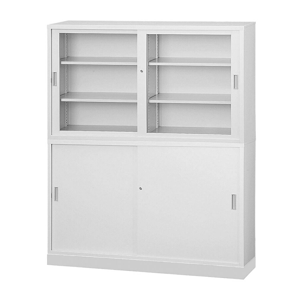 受注生産品 上下書庫セット ガラス戸引違い書庫+スチール引違い書庫 浅型 アジャスターベース付 上下連..