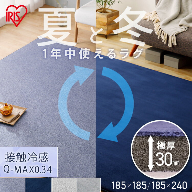 【最大400円引クーポン★8/1〜】ラグ 夏用 おしゃれ 夏 冷感 カーペット リバーシブル 185×185 185×240 2畳 3畳 ラグマット 撥水 厚手 北欧 オールシーズン 30mm 極厚 厚い ふんわり 接触冷感 涼しい ひんやり 高反発 冷感ラグ 冷たい アイリスオーヤマ ACRR-CM