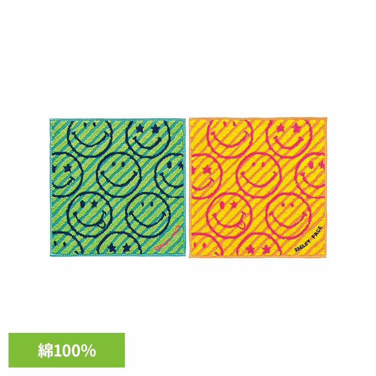 ニコストライプタオルチーフ SM6042送料無料 タオル スマイリーフェイス ギフト Smiley Face スポーツタオル ブランド おしゃれ 綿100％ かわいい ニコちゃん 日繊商工 グリーン イエロー 【B】 【メール便】