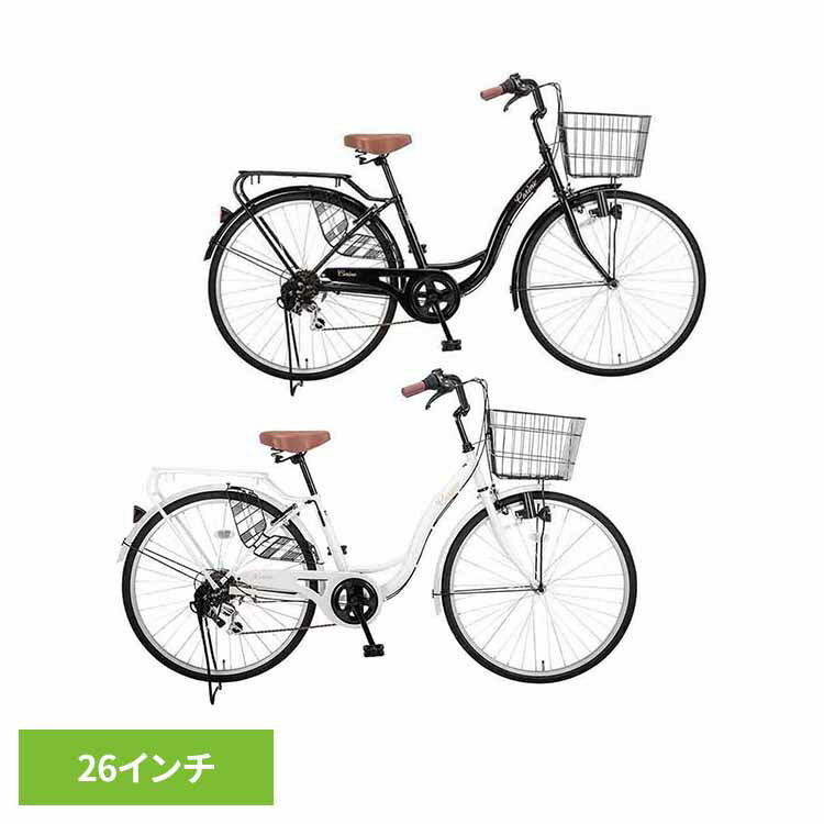 街乗りに便利な軽快車バスケット・両立スタンド・リングロック・ブロックダイナモライト標準装備車※こちらの商品はメーカー直送品の為、ご注文後のキャンセル・返品・変更は不可となります。　なお、日付指定は承っておりませんので予めご了承くださいませ。※こちらの商品はお取り寄せ商品のため、初期不良以外の返品・交換は承れませんので、あらかじめご了承ください。※製品は予告なく仕様を変更する場合がございます。あらかじめご了承ください。※当商品はお取り寄せ品の為、在庫の確認及び商品のお届けまでお時間を頂く場合がございます。　また、商品がメーカーにて完売となっていた場合、キャンセル又は注文内容の変更をお願いいたしております。　予めご了承くださいますようお願いいたします。 ≪こちらの商品は当社指定の運送会社で配送致します≫　大変申し訳ありませんが、【配達時間指定】【代金引換でのお支払】は出来ません。ご了承ください。【配送可能地域】茨城、栃木、東京(離島除く）、神奈川、千葉、埼玉、山梨、新潟（佐渡除く）、三重、愛知（離島除く）、大阪、岐阜、和歌山、奈良、滋賀（沖島除く）、京都、富山、香川、愛媛、徳島、高知、福岡●商品サイズ（cm）幅約177×奥行約58×高さ約106●商品重量約20kg●材質スチール（検索用：自転車 軽快車 リング錠・ダイナモライト装備 フロントバスケット装備 6段変速 26インチ 4544507103438 4544507103421）最強翌日配送対象商品に関するご案内 最強翌日配送対象商品・対象地域に該当する場合は最強翌日配送マークがご注文カゴ近くに表示されます。 最強翌日配送可能なお支払方法は【クレジットカード、代金引換、全額ポイント支払い】のみとなります。 下記の場合は最強翌日配送対象外となります。 ・15点以上ご購入いただいた場合 ・時間指定がある場合 ・ご注文時備考欄にご記入がある場合 ・決済処理にお時間を頂戴する場合 ・郵便番号や住所に誤りがある場合 ・最強翌日配送対象外の商品とご一緒にご注文いただいた場合 ・お届け先住所文字数が40文字以上の場合