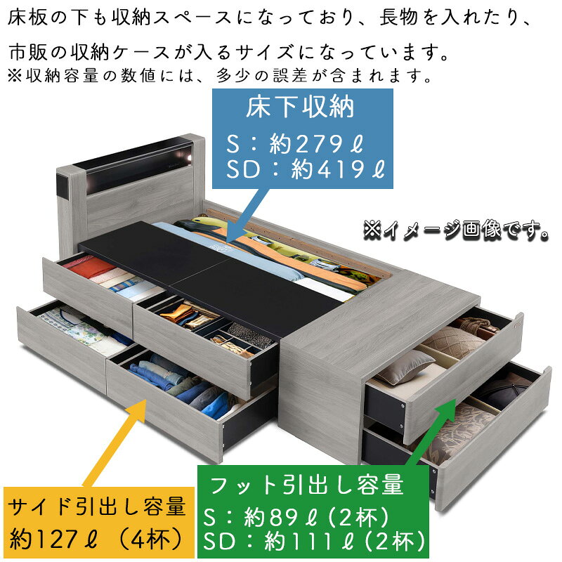家具のアイテムのベットフレーム SD セミダブル おしゃれ ベット フレーム ソフトクローズ フルオープンレール 引出し 6杯 大容量収納 木目柄 高級感 北欧 モダン 木製 フレームのみ 単品 寝具グランツ チェスタ フットBOXタイプ ベットフレーム SD セミダブルサイズ GYB グレージュ｜アングル2