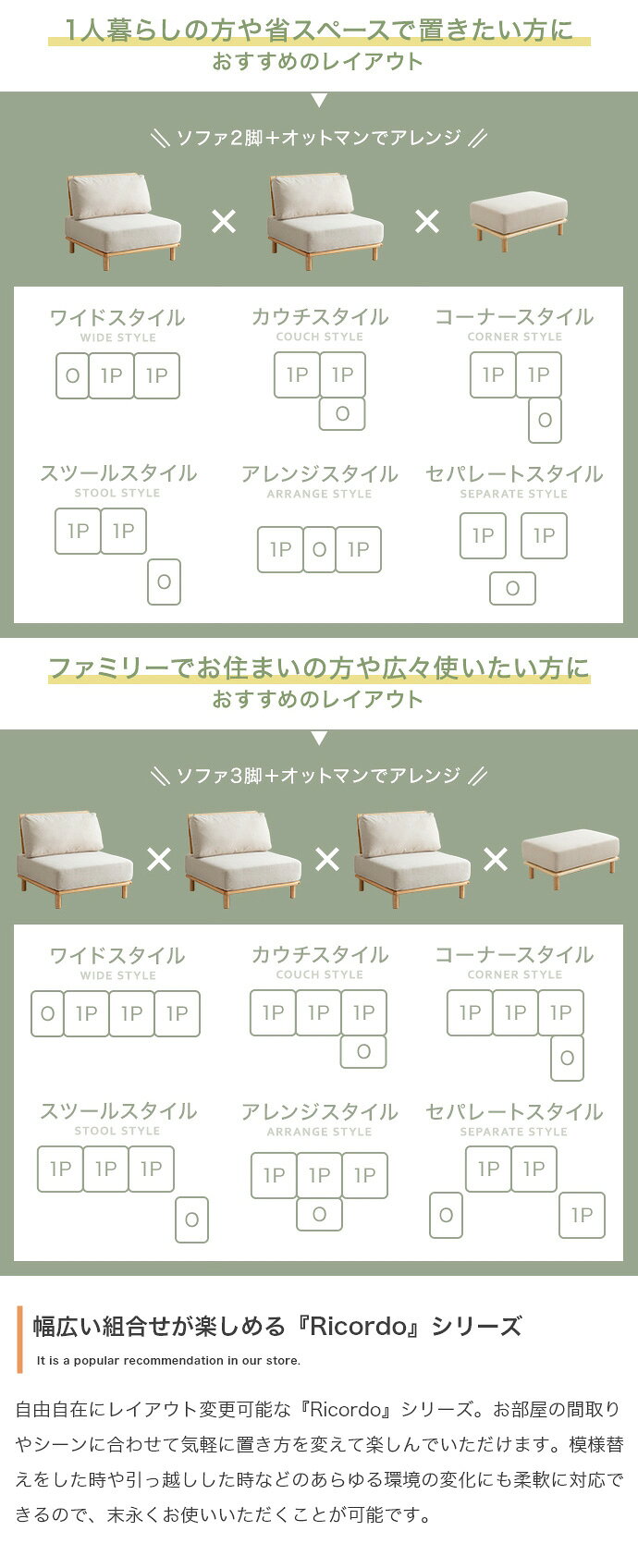 ソファー おしゃれ Ricordo ファブリックローソファ1脚+オットマン1脚 2点セット 天然木 アームレス チェア 椅子 シンプル ナチュラル 一人暮らし ワンルーム [3]